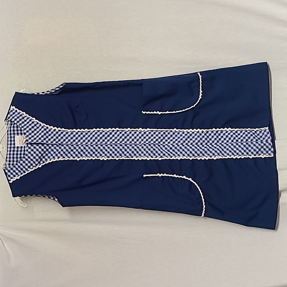 1960s/70s Gingham Trimmed Navy Shift House Dress Sleeveless Navy Pockets Sz M